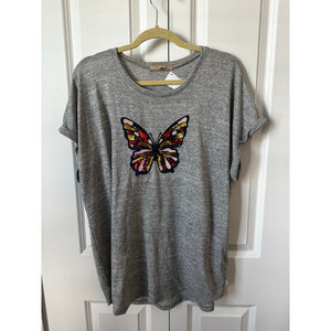 My Danielle Gray Multicolor Sequin Butterfly Short Sleeve Tee XL
